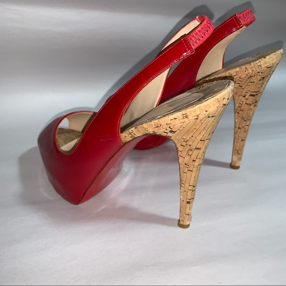 CHRISTIAN LOUBOUTIN size 39 red patent leather peep toe SLINGBACK platform HEELS - Picture 5 of 12